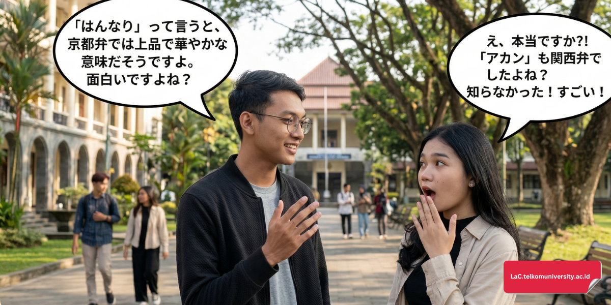 Dua mahasiswa berdiskusi tentang perbedaan aksen bahasa Jepang dalam percakapan sehari-hari