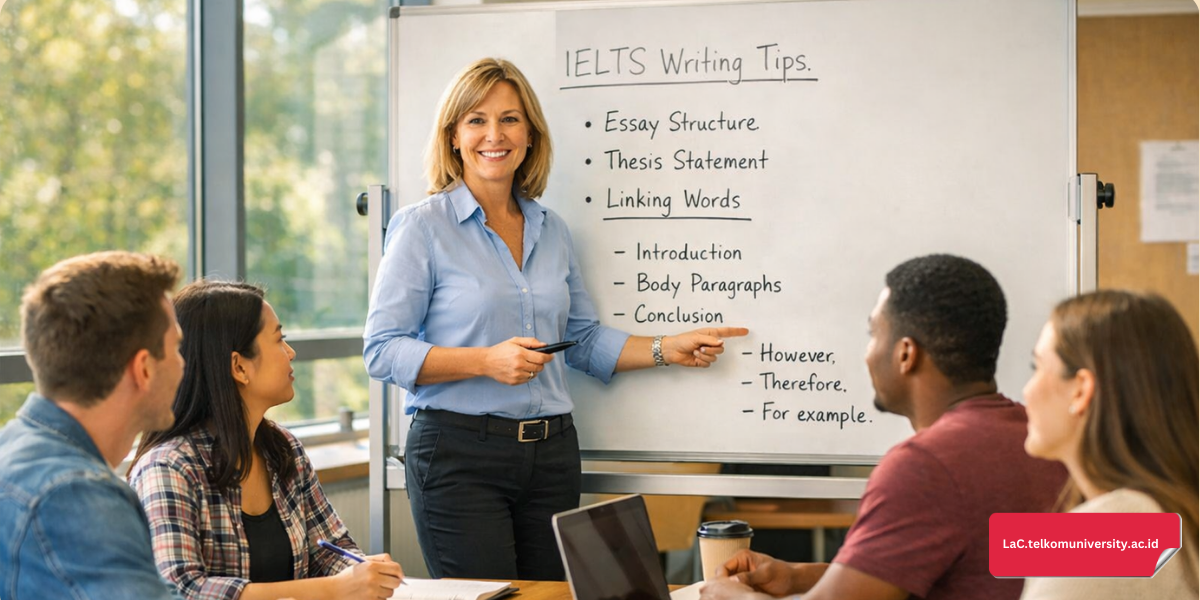 Ilustrasi instruktur sedang memberikan permaparan terkait penggunaan linking words dalam writing IELTS