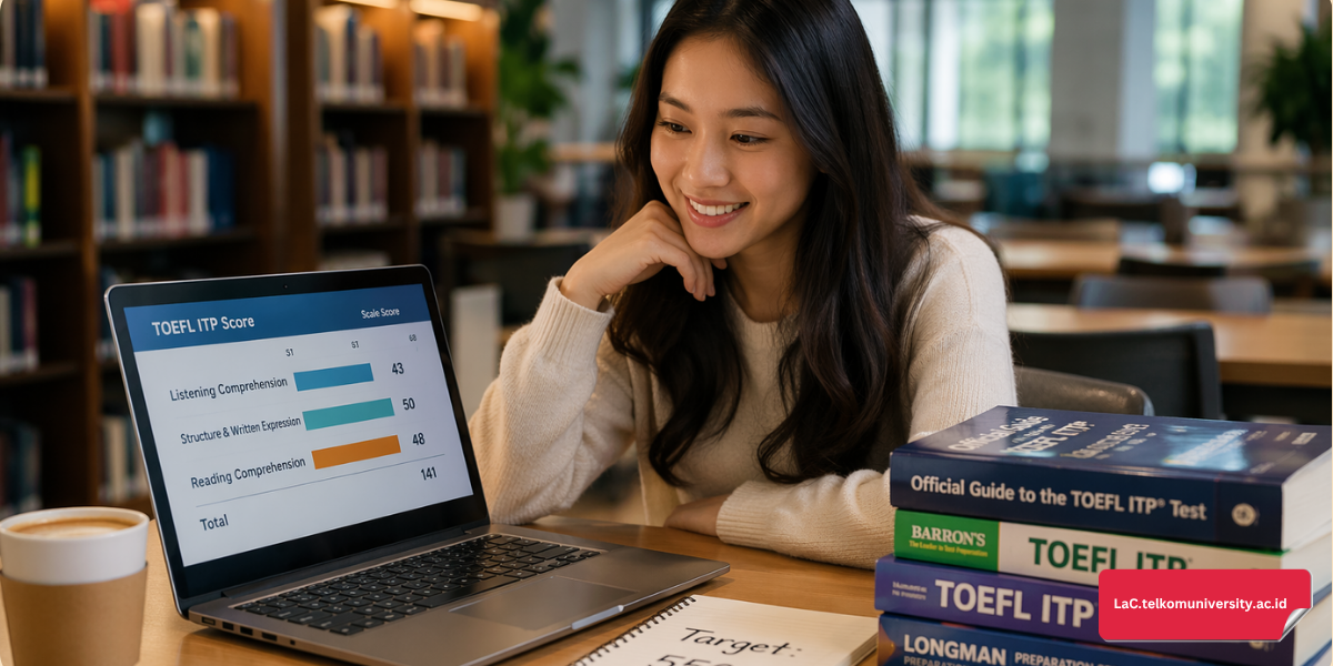  Ilustrasi mahasiswa sedang riset target skor TOEFL ITP untuk beasiswa