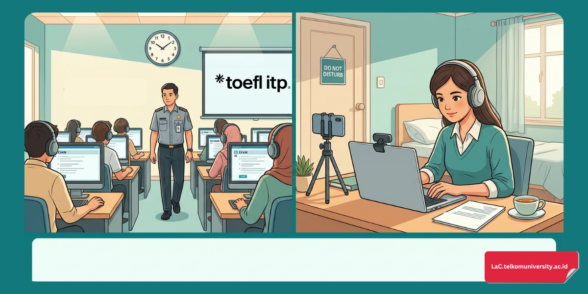 Ilustrasi perbedaan suasana pelaksanaan tes TOEFL ITP secara onsite di laboratorium dan secara online dari rumah dengan pengawasan
