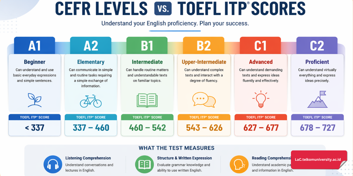 Infografis pembagian level CEFR dibandingkan dengan skor TOEFL ITP