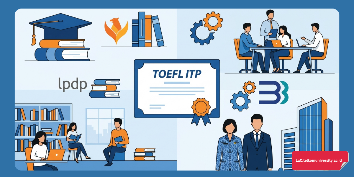 Infografis perbandingan kebutuhan TOEFL ITP di sektor akademik dan profesional Indonesia untuk mahasiswa dan pencari kerja