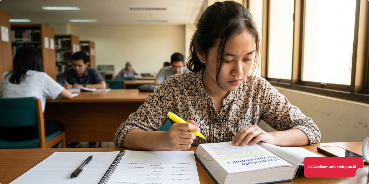 Mahasiswa Indonesia sedang membaca teks akademik bahasa Inggris untuk latihan section reading TOEFL ITP