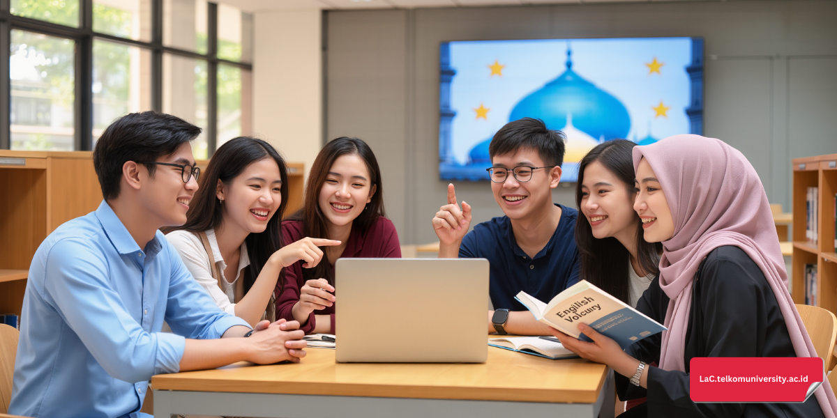 Mahasiswa Telkom University sedang diskusi nilai moral Isra Miraj dalam bahasa Inggris.