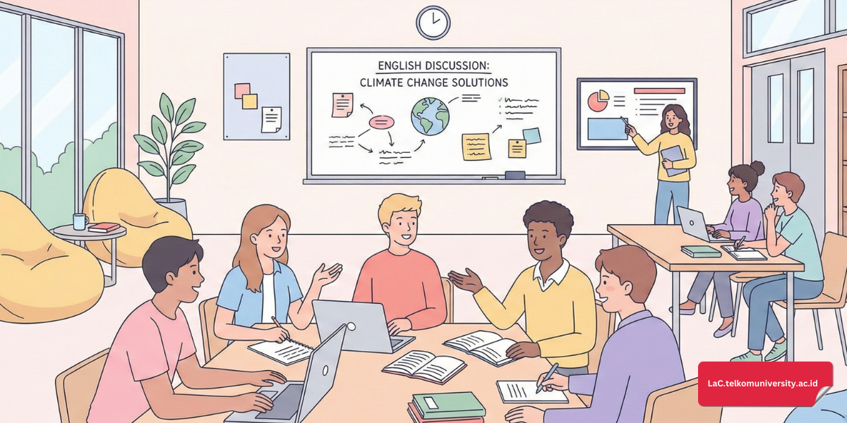 Mahasiswa berdiskusi menggunakan vocabulary dunia pendidikan dalam Bahasa Inggris di kelas modern