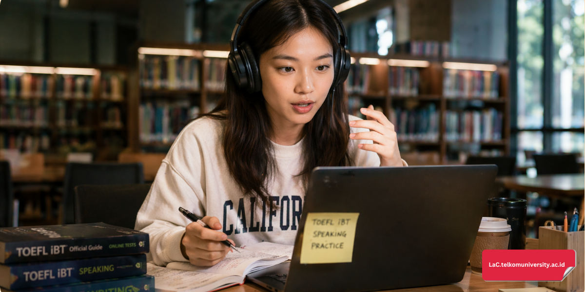 Mahasiswa sedang berlatih pronunciation TOEFL iBT dengan tekun.