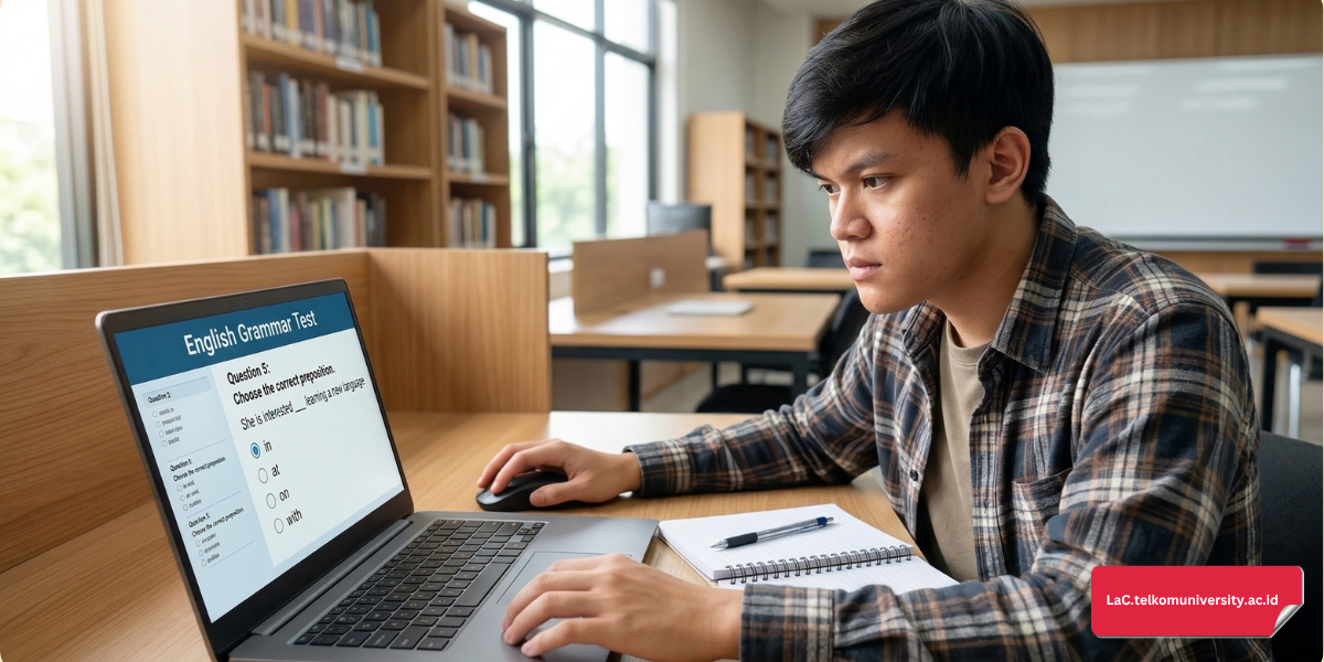 Mahasiswa sedang fokus mengerjakan soal TOEIC Structure and Written Expression di laptop.