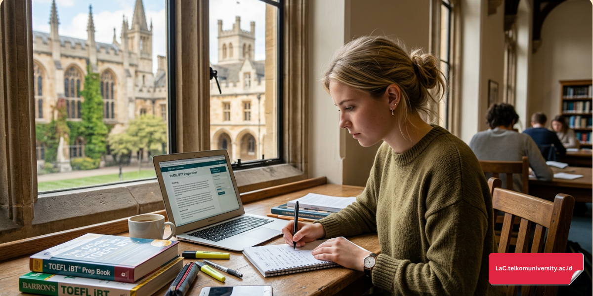 Mahasiswa sedang mempersiapkan tes TOEFL iBT dengan laptop dan buku catatan