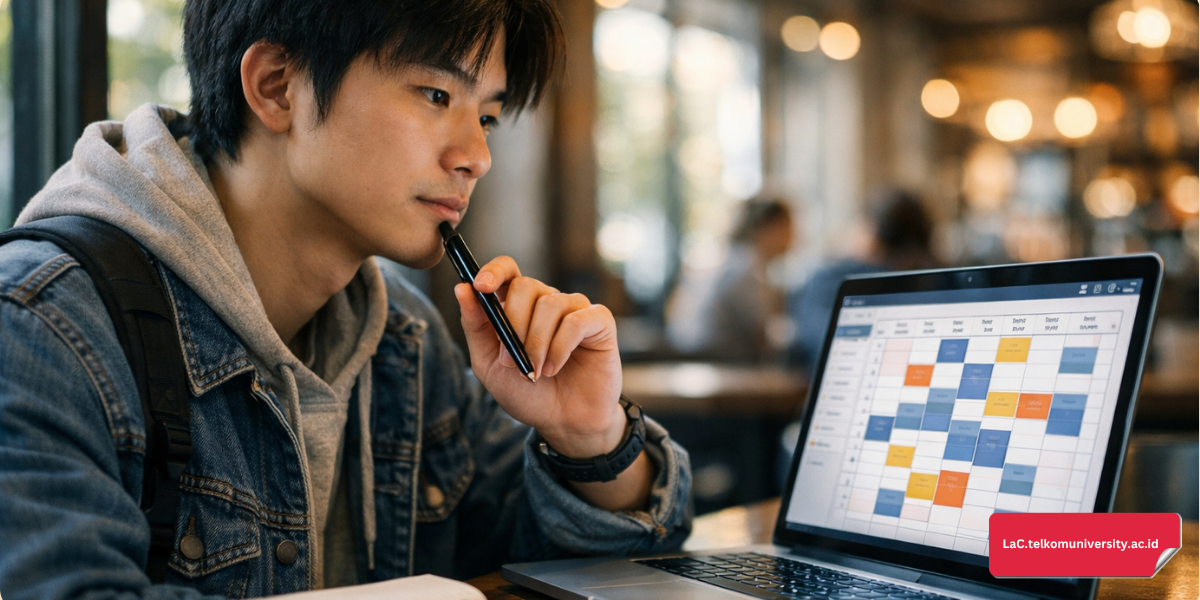  Mahasiswa sedang mencari jadwal ujian TOEFL ITP di depan laptop