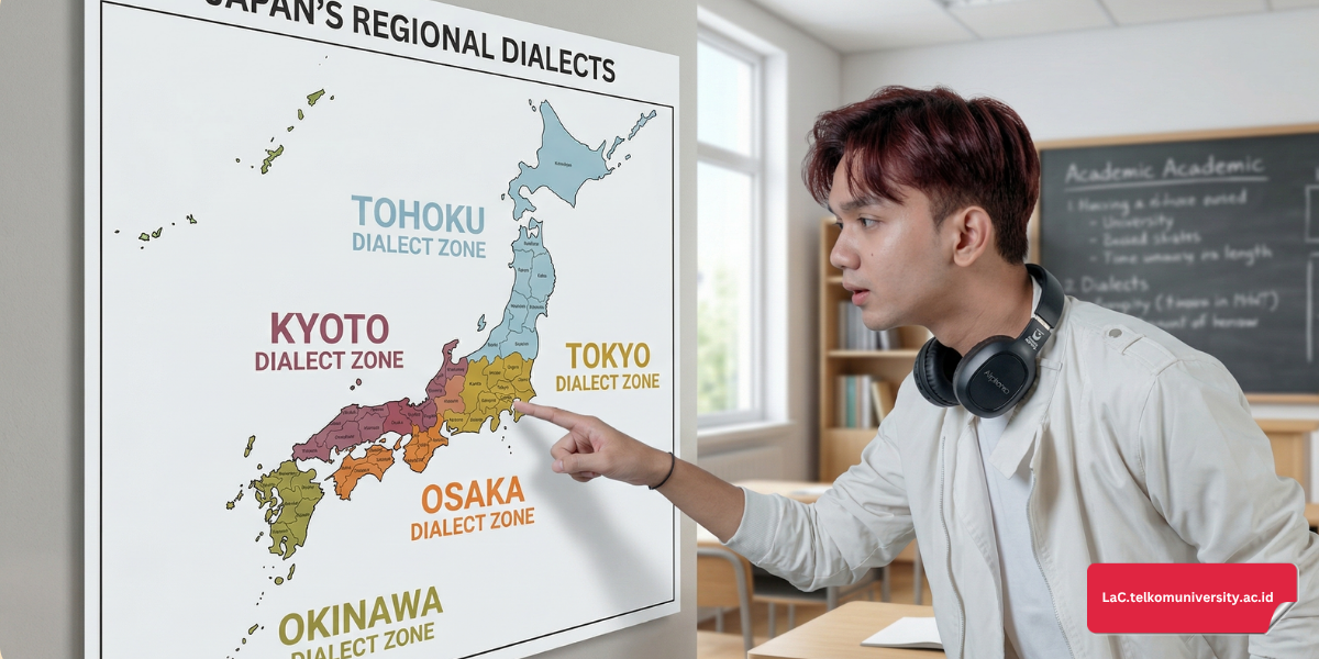 Peta wilayah Jepang yang menunjukkan persebaran dialek utama seperti Kansai, Tokyo, dan Okinawa