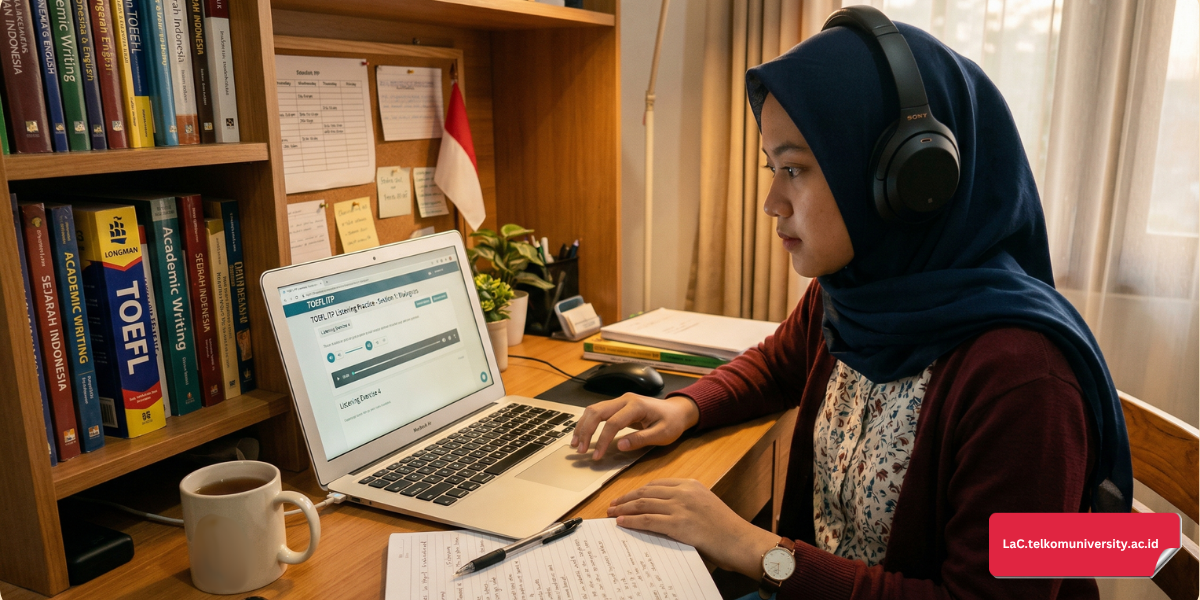 Seorang mahasiswa sedang mengerjakan latihan soal TOEFL ITP di meja belajar dengan headphone dan buku catatan