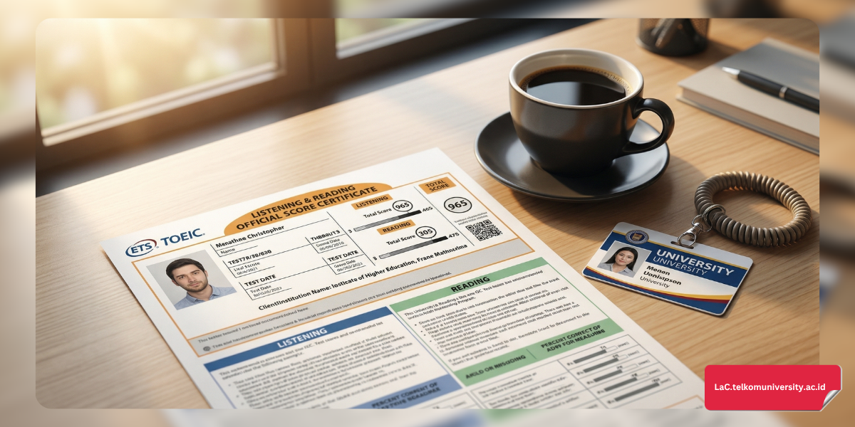 Sertifikat TOEIC resmi dari ITC Telkom University Language Center.