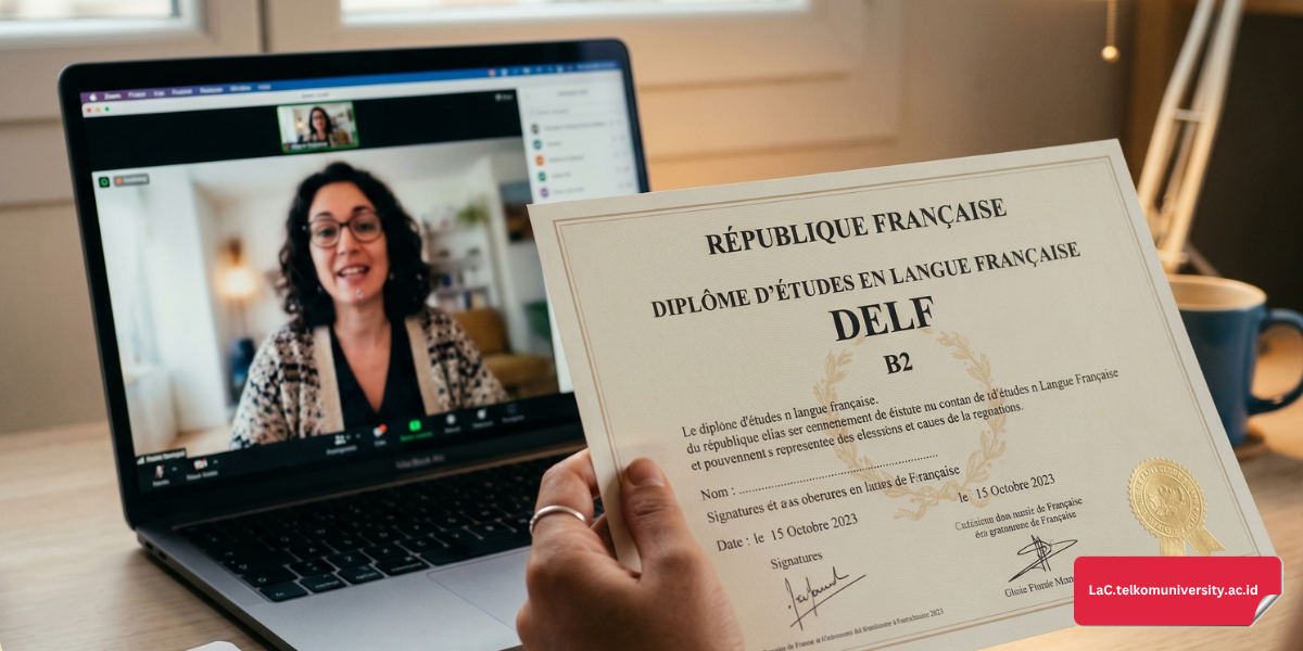 Sertifikat resmi DELF dan DALF di atas meja kayu dengan latar belakang menara Eiffel mini.