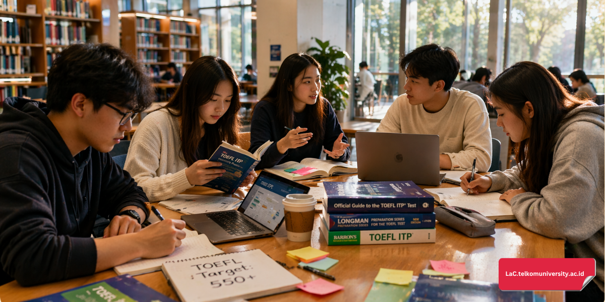 Suasana belajar intensif persiapan tes bahasa Inggris di perpustakaan.