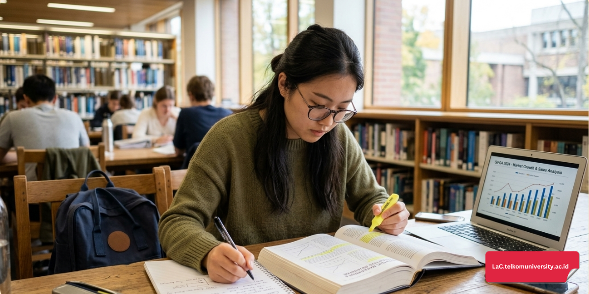 Suasana mahasiswa fokus belajar kosakata TOEIC bisnis