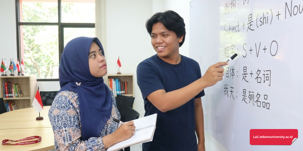 Dua mahasiswa Indonesia sedang berdiskusi tentang tata bahasa Mandarin menggunakan papan tulis dengan pola kalimat