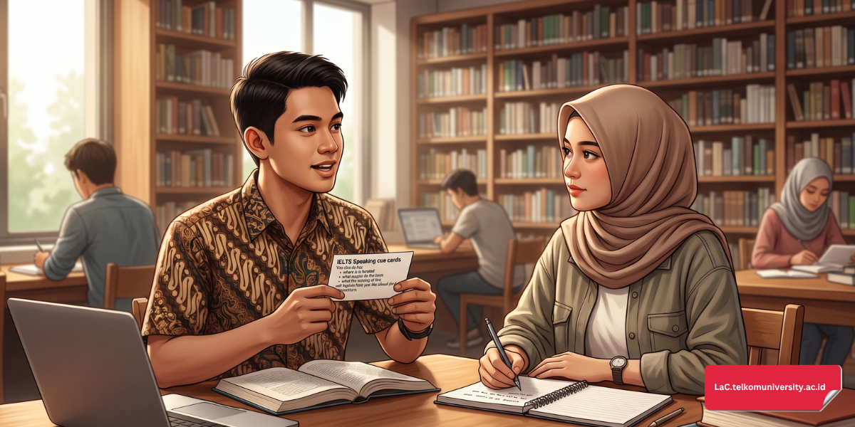 Dua orang sedang melakukan sesi latihan IELTS Speaking dengan panduan cue card di meja, suasana belajar yang fokus dan kondusif