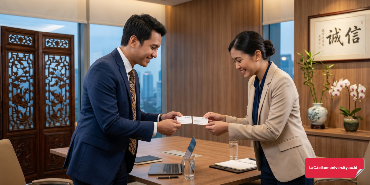Dua profesional muda Indonesia bertukar kartu nama dengan dua tangan di ruang rapat modern, mencerminkan etika bisnis formal dalam budaya Tionghoa
