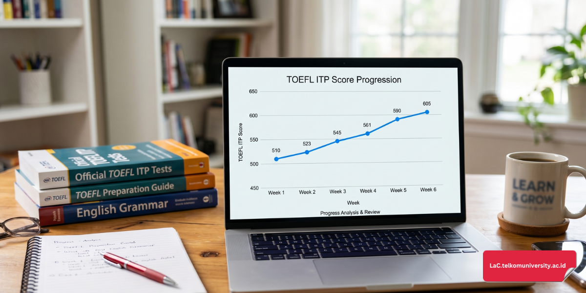 Grafik progres skor simulasi TOEFL ITP yang meningkat dari waktu ke waktu sebagai hasil evaluasi rutin