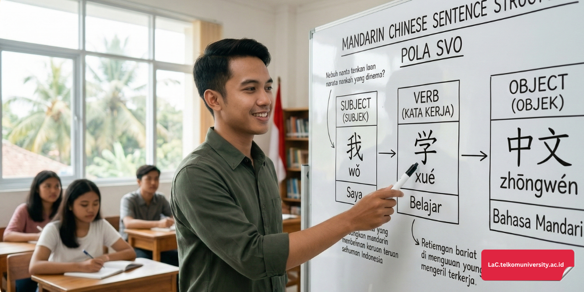 Ilustrasi diagram struktur kalimat SVO bahasa Mandarin dengan contoh kalimat dan terjemahan bahasa Indonesia