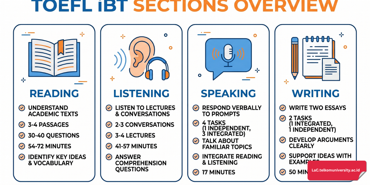 Ilustrasi empat seksi TOEFL iBT yaitu Reading, Listening, Speaking, dan Writing