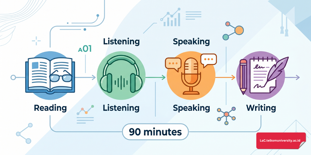 Ilustrasi format TOEFL iBT 2026 yang menampilkan empat seksi tes yaitu Reading, Listening, Writing, dan Speaking dalam satu tampilan