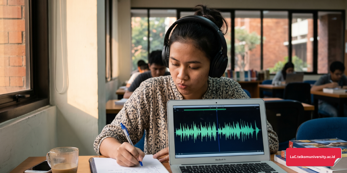 Ilustrasi mahasiswa menggunakan headphone sambil mencatat poin penting selama sesi latihan listening TOEFL ITP