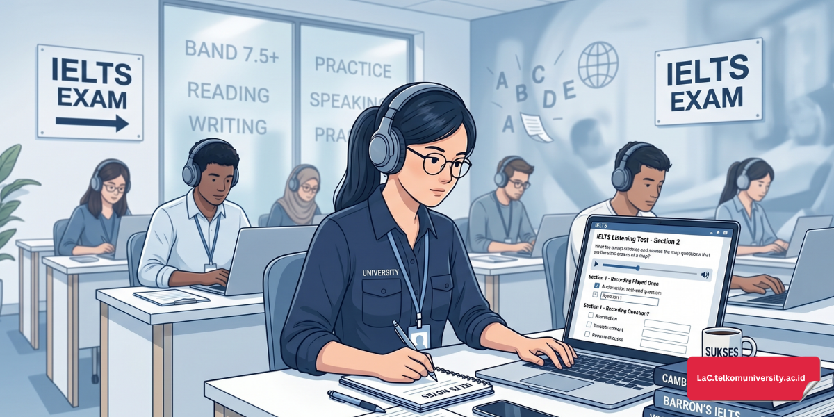 Ilustrasi peserta tes IELTS sedang mengerjakan soal Listening dengan headphone di ruang ujian modern
