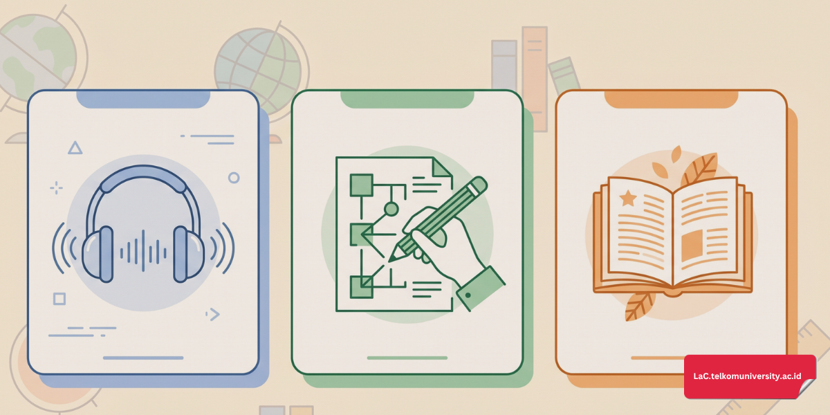 Ilustrasi peserta tes TOEFL ITP sedang mengerjakan soal di meja ujian dengan lembar jawaban dan buku soal di depannya