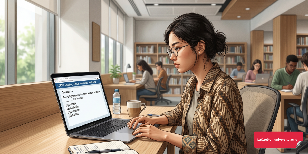 Ilustrasi peserta tes TOEIC sedang mengerjakan soal Incomplete Sentences di layar komputer