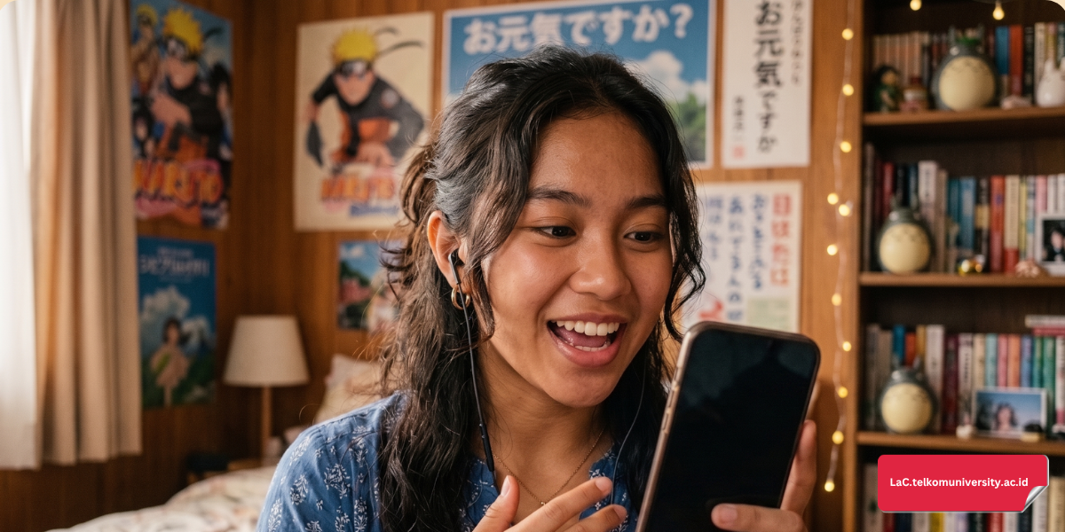 Ilustrasi teknik shadowing bahasa Jepang dengan headphone dan smartphone