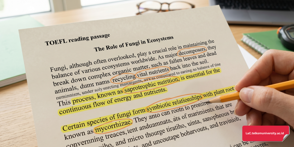 Ilustrasi teknik skim and scan pada teks bacaan TOEFL ITP dengan penanda warna pada kata kunci dan kalimat topik