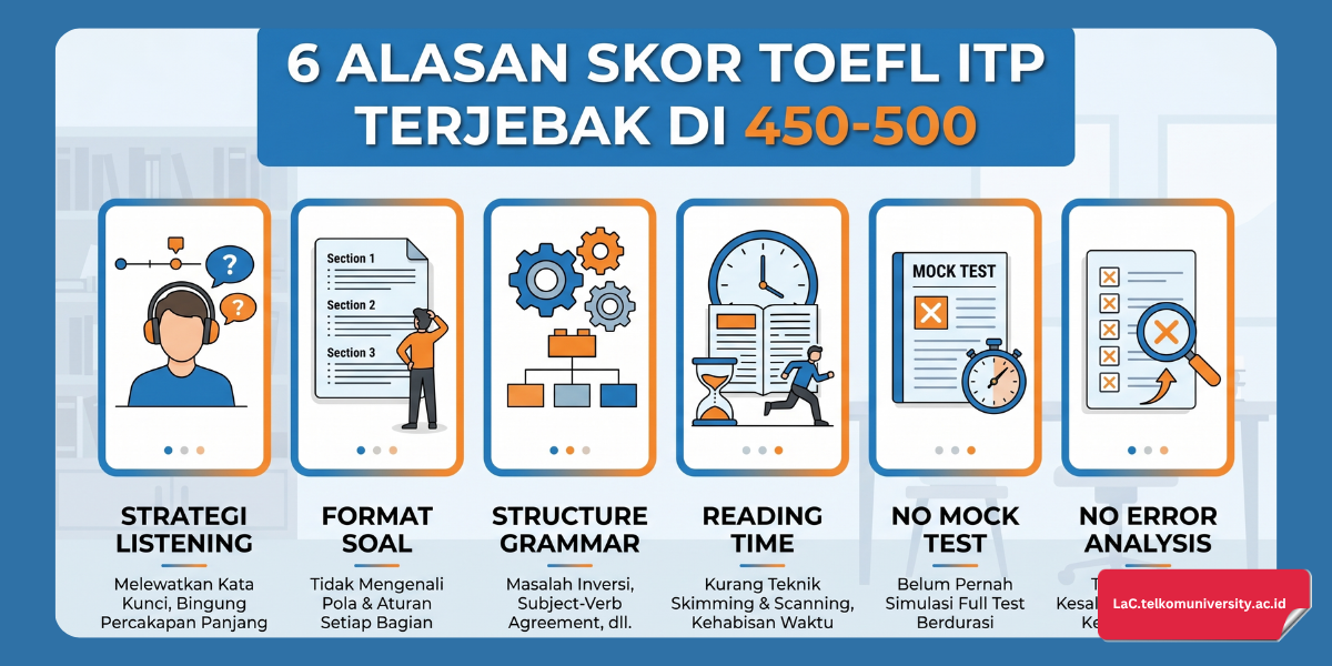 Infografis enam penyebab utama peserta stuck di skor 450-500 TOEFL ITP meliputi format soal, strategi listening, reading, dan structure