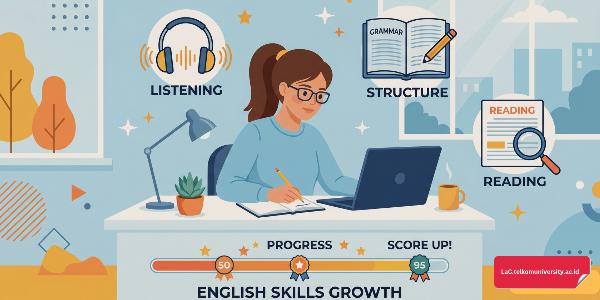 Infografis langkah-langkah menghitung target skor TOEFL ITP mulai dari raw score hingga total skor akhir