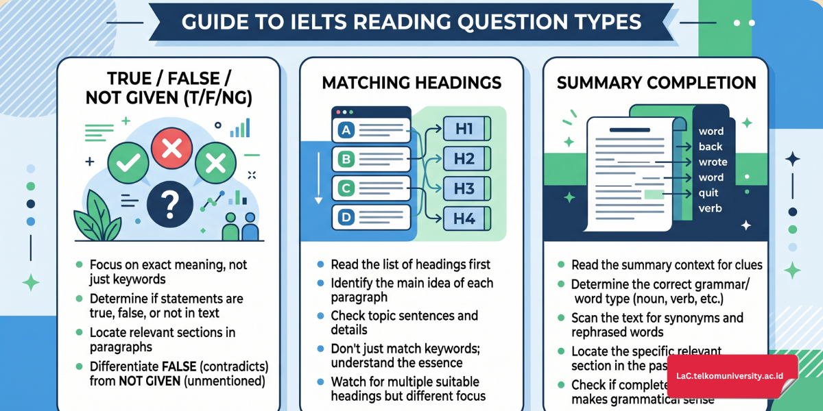 Infografis tipe-tipe soal IELTS Reading beserta strategi menjawabnya dalam desain visual yang menarik