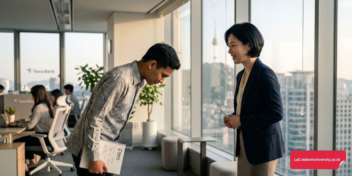 Karyawan magang sedang berdiskusi dengan atasan di Seoul dengan sopan