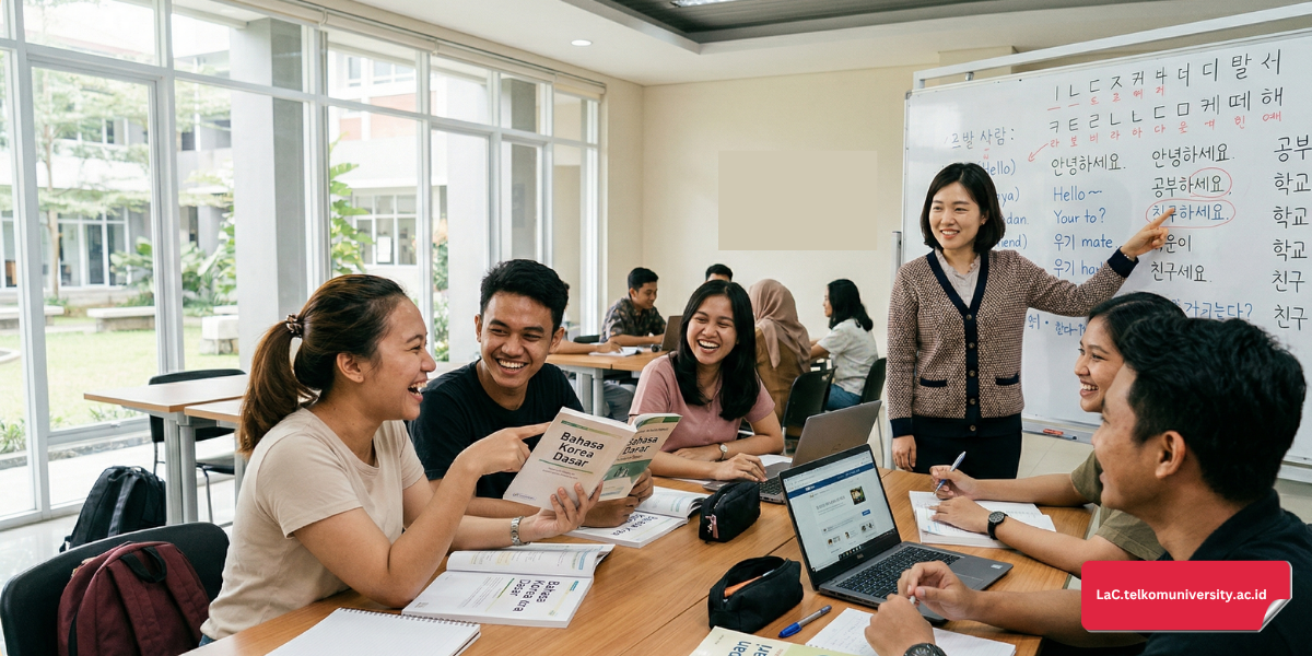 Kelompok mahasiswa Indonesia belajar bahasa Korea bersama dengan suasana kelas yang interaktif dan papan tulis Hangeul di latar belakang