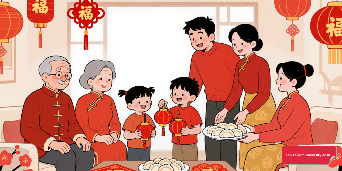 Keluarga merayakan Imlek bersama dengan dekorasi khas