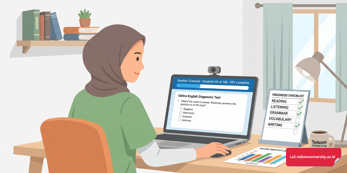 Mahasiswa Indonesia mengerjakan tes diagnostik TOEFL iBT secara online untuk mengetahui kemampuan awal sebelum memulai persiapan