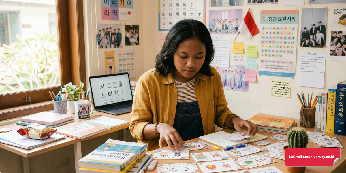 Mahasiswa Indonesia perempuan belajar bahasa Korea menggunakan flashcard mnemonik di meja belajar dengan buku-buku bahasa Korea