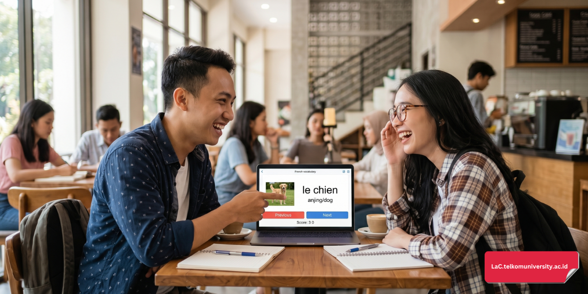 Mahasiswa Indonesia sedang belajar kosakata bahasa Prancis menggunakan buku dan laptop