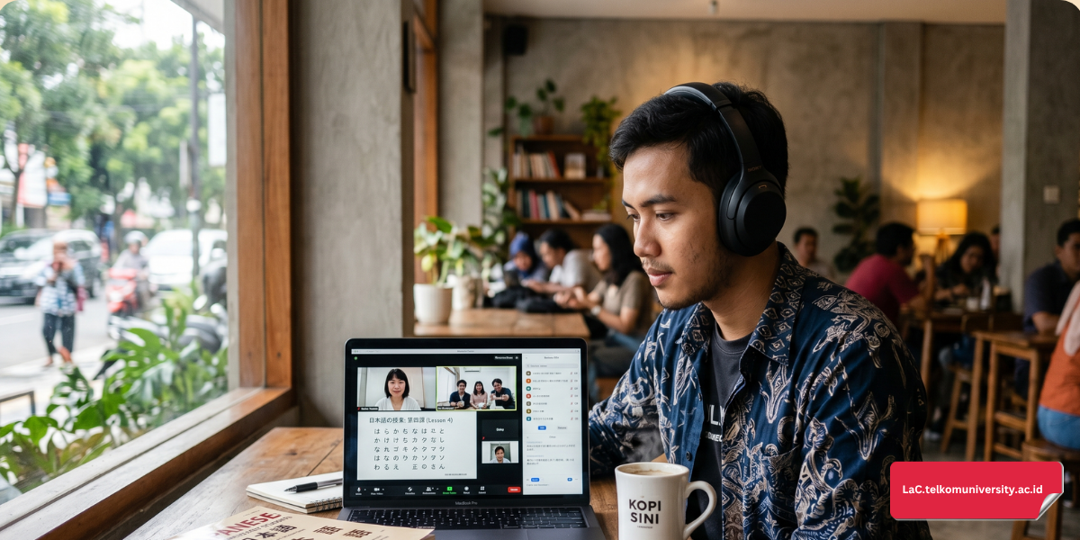 Mahasiswa Indonesia sedang berlatih percakapan bahasa Jepang menggunakan laptop di kafe