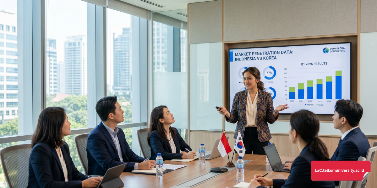 Mahasiswa Indonesia sedang presentasi di kantor Korea menggunakan laptop