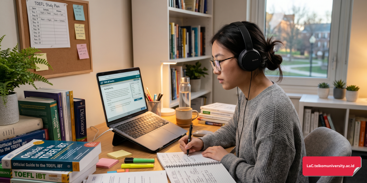 Mahasiswa sedang belajar persiapan TOEFL iBT di meja belajar dengan laptop dan buku