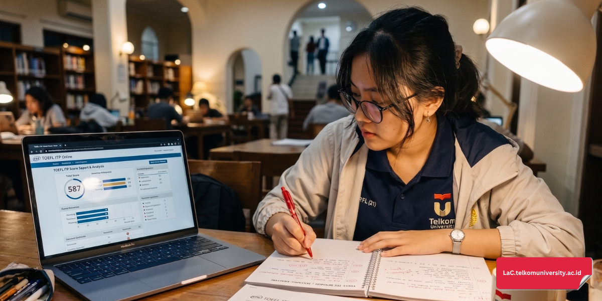 Mahasiswa sedang mengevaluasi hasil latihan soal TOEFL ITP dengan mencatat kesalahan di buku catatan