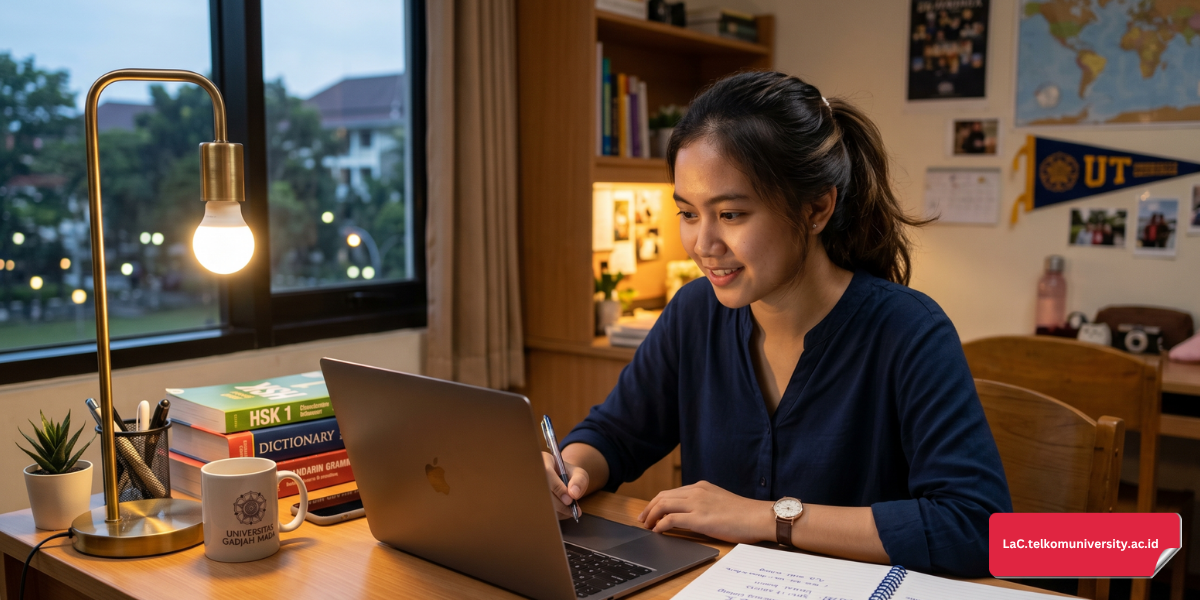 Mahasiswi Indonesia berlatih menyapa dalam bahasa Mandarin di depan laptop dengan buku catatan berisi tulisan karakter Han dan pinyin di mejanya