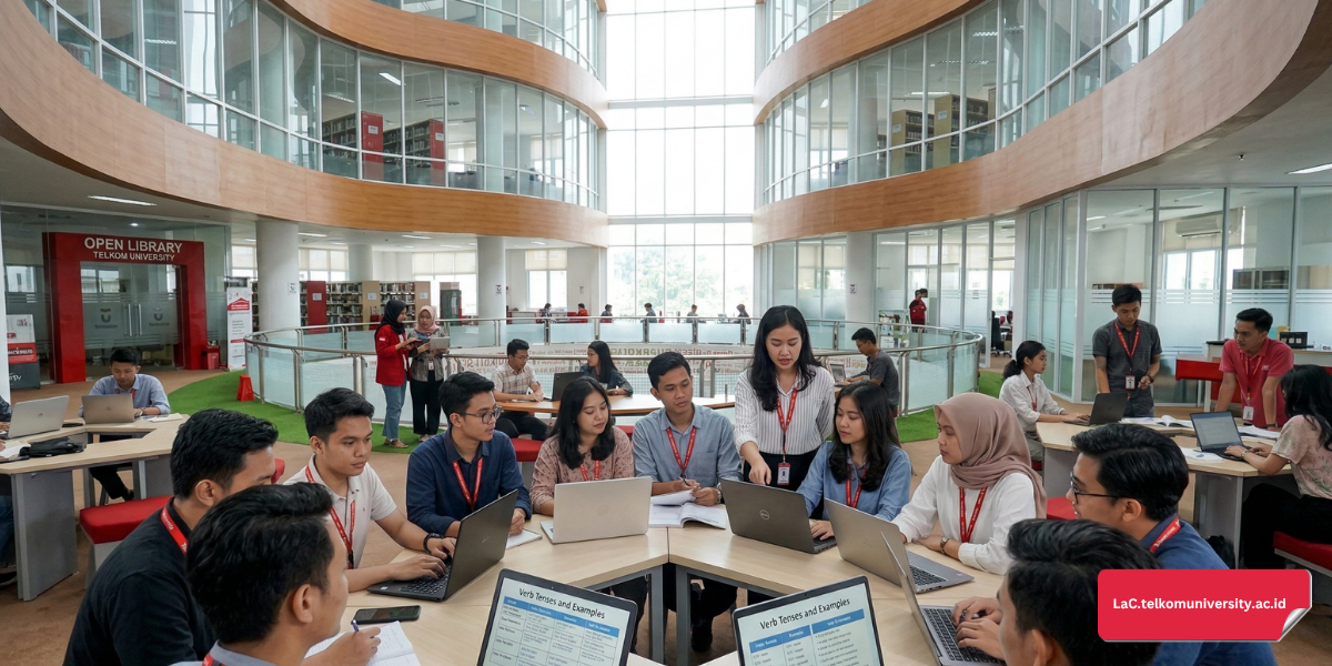 Pelajar Indonesia sedang belajar persiapan materi tes IELTS di perpustakaan