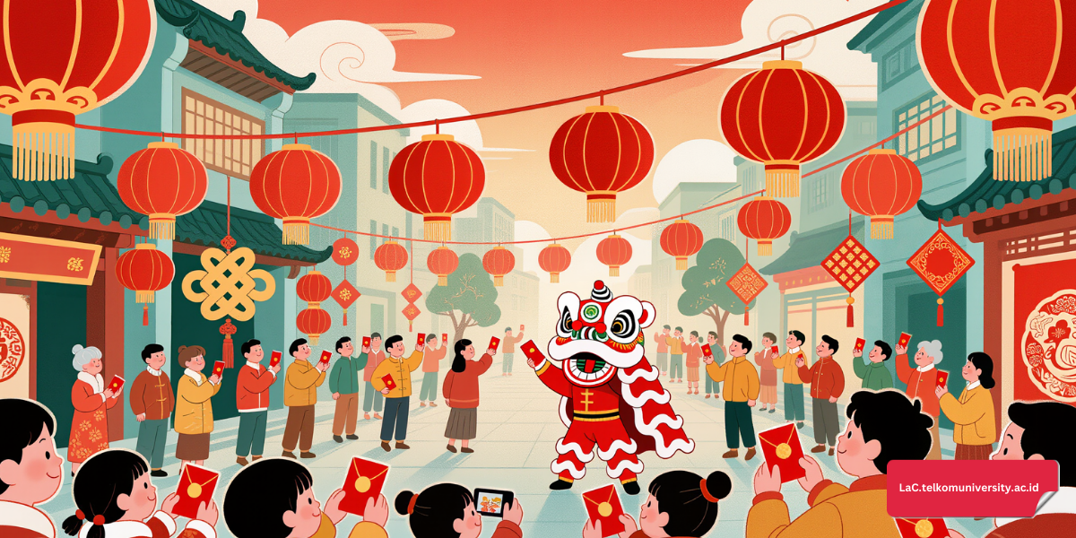 Perayaan Imlek dengan lentera merah dan hiasan tradisional
