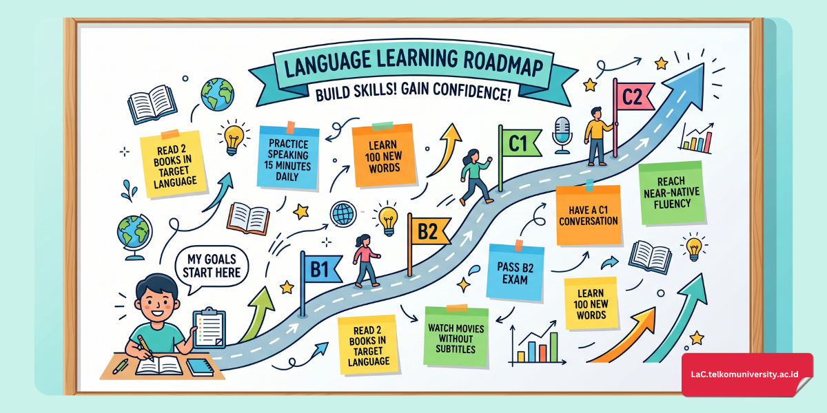 Peta roadmap belajar TOEFL iBT dengan penanda level skor dari B1 hingga C2 sebagai panduan menentukan target belajar