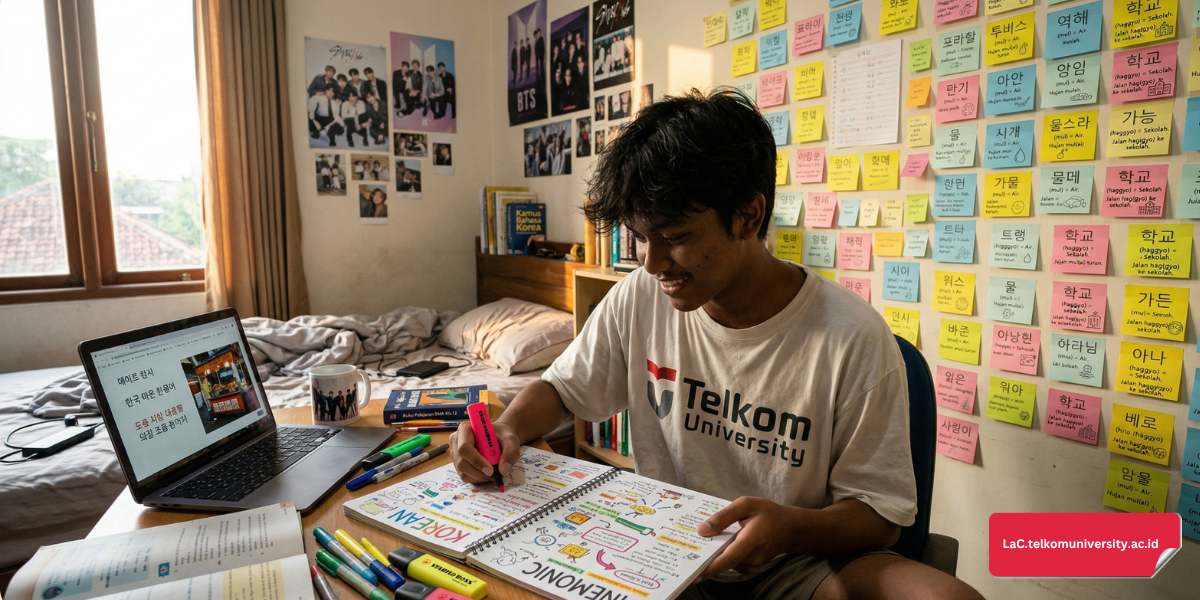 Remaja laki-laki sedang menulis jurnal mnemonik bahasa Korea dengan spidol warna-warni dan sticky note di dinding kamar